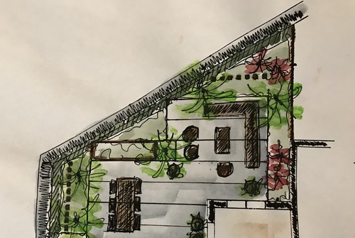 Het definitieve tuinontwerp met beplanting en afmetingen