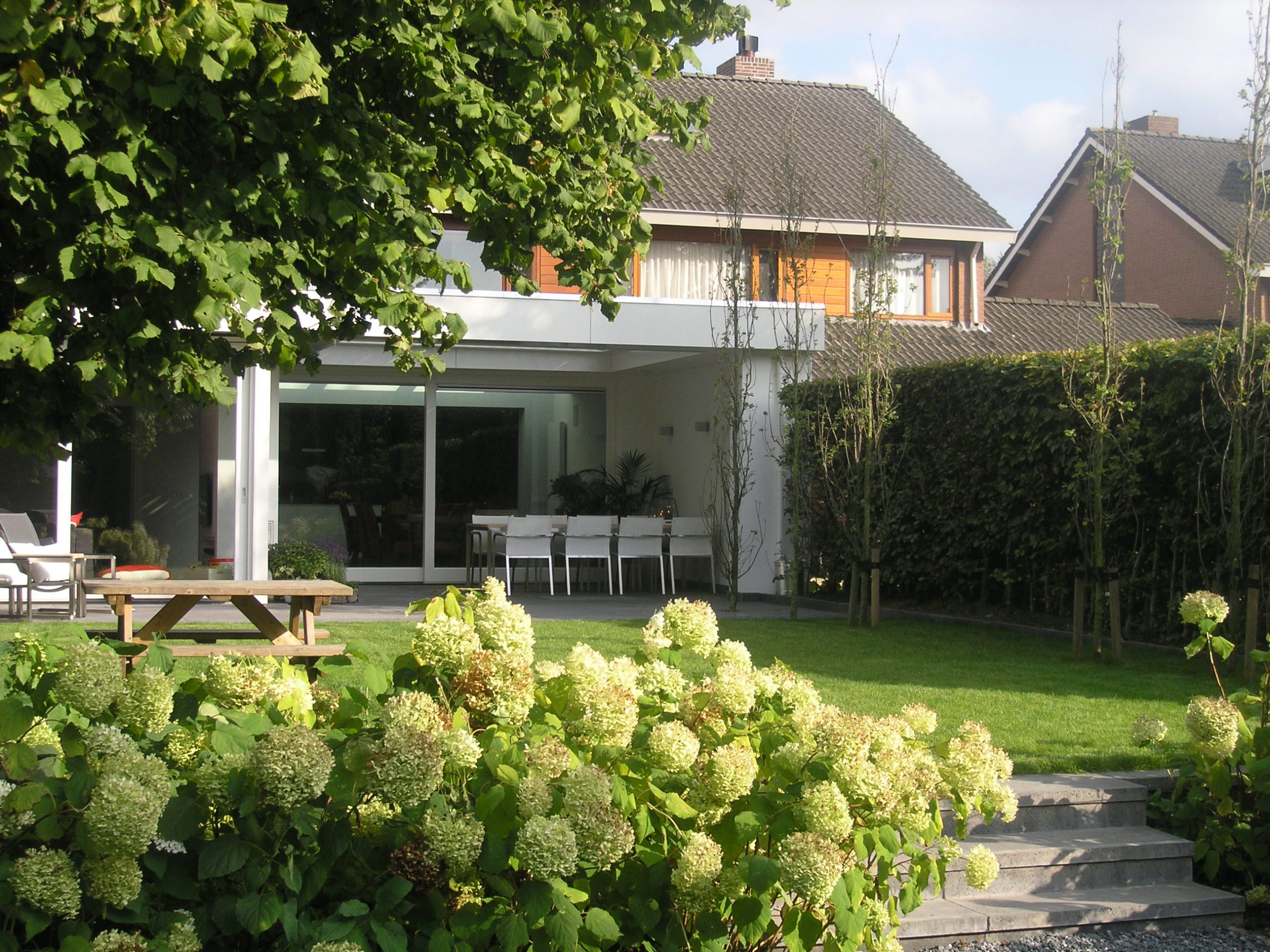 Een groene tuin met terras